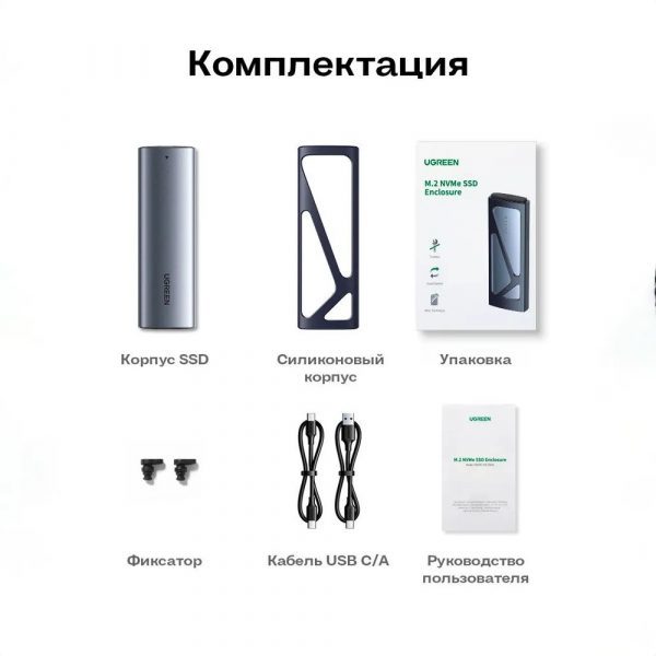 Бокс внешний для жесткого диска UGREEN CM578 (15512) M.2 NVMe SSD Enclosure с кабелем USB-C к USB-C и USB-C к USB-A. Цвет: серый космос — изображение 12