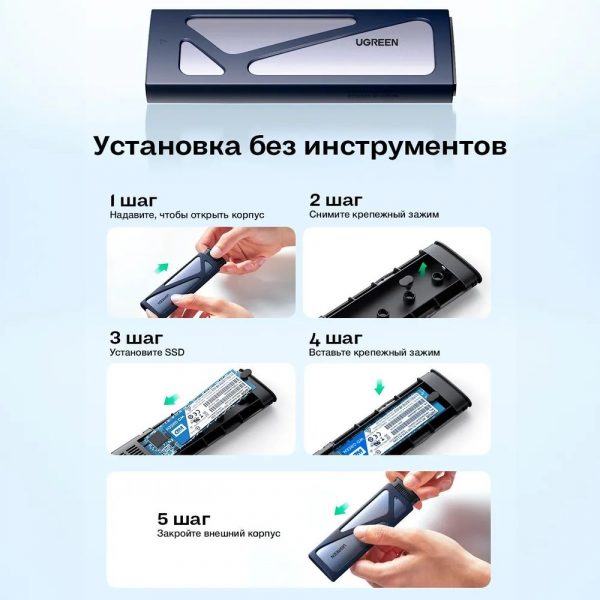 Бокс внешний для жесткого диска UGREEN CM578 (15512) M.2 NVMe SSD Enclosure с кабелем USB-C к USB-C и USB-C к USB-A. Цвет: серый космос — изображение 6
