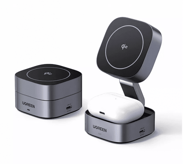 Магнитное беспроводное зарядное устройство UGREEN W702 (35316) 2-in-1 Magnetic Wireless Charger for Iphone&AirPods 15W Qi2 - Space Gray